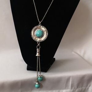 Lovely Hanging Blue Turquoise Silver-tone Necklace by Marie in Great Condition